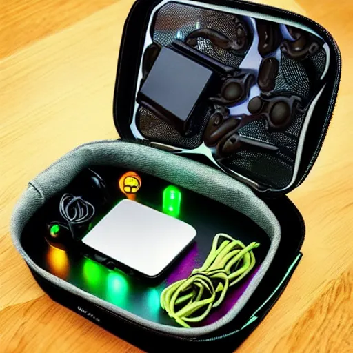 Prompt: “Gaming lunchbox made by Razer, with lights”