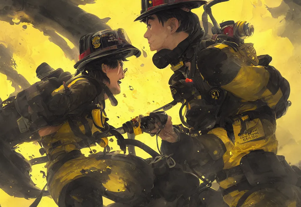 Image similar to heroic firefighter in action in black and yellow uniform, sharp details, sharp focus, dynamic, highly detailed, illustration, by jordan grimmer and greg rutkowski and pine ( ハイネ ) and 薯 子 imoko and 香 川 悠 作 and wlop and maya takamura, intricate