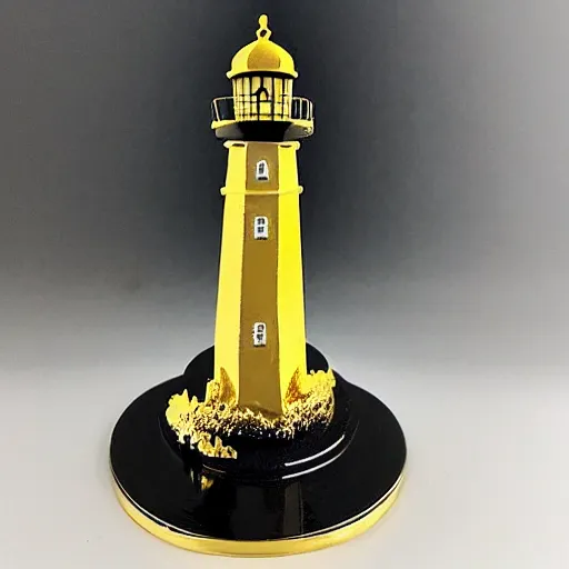 Image similar to an ornate lighthouse 28mm miniature, detailed with white and gold filagree and goldleaf decorative elements, sitting on a desk, painstaking detail, black lacquer, glossy shiny reflective, splashed with graffiti art