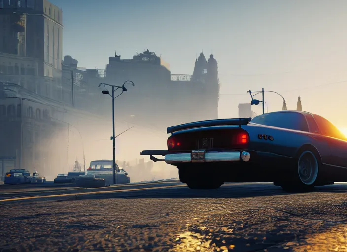 Image similar to gta in moscow, playstation 5 screenshot, symmerical, mega details, golden hour, fog, beautiful rtx reflections, brutalism buildings, photorealistic, unreal engine 5, octane render, volumetric light, cg society, 4 k, bokeh, lada car, artstation