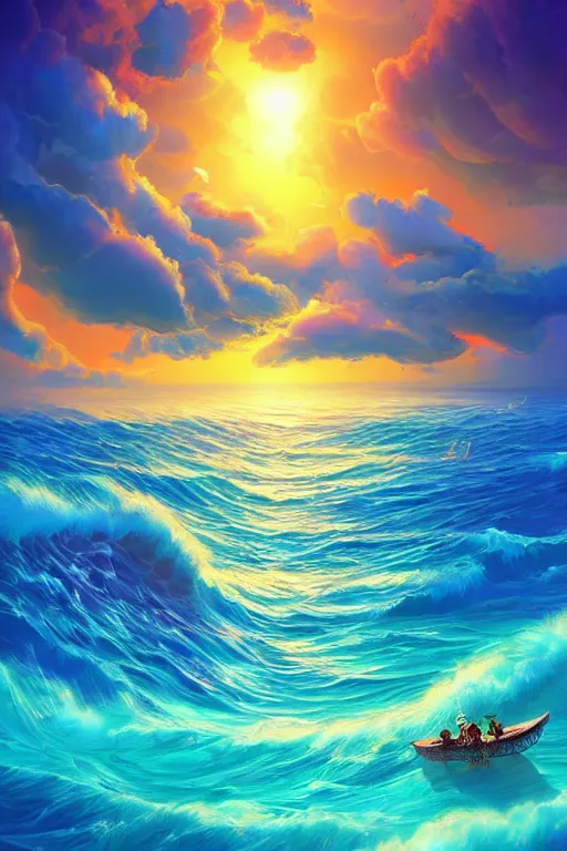 Prompt: A beautiful digital illustration painting of an ocean and sky fantasy by Blair Leighton and Lisa Frank, 8k resolution trending on Artstation concept art digital illustration