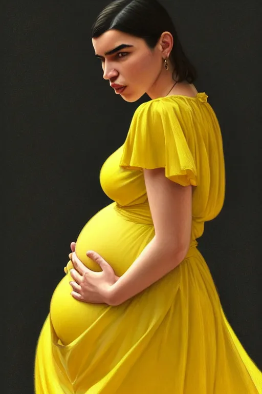 Image similar to pregnant dua lipa in a yellow dress, realistic portrait, symmetrical, highly detailed, digital painting, artstation, concept art, smooth, sharp focus, illustration, cinematic lighting, art by artgerm and greg rutkowski and alphonse mucha