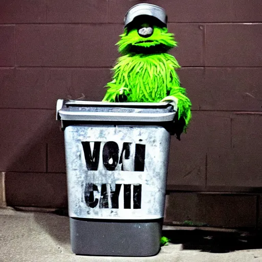 Prompt: oscar the grouch hiding in his trash can in a dark alley, holding a bloody knife in his hand and with a shocked look on his face, night time, dramatic