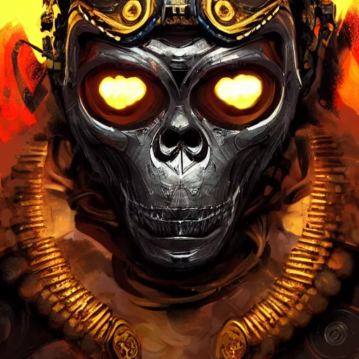 Image similar to a golden skull face monkey warrior with a black diamond in his forehead, Apex Legends character, digital illustration portrait design, by android jones and greg rutkowski, retrowave color scheme, detailed, cinematic lighting, wide angle action dynamic portrait