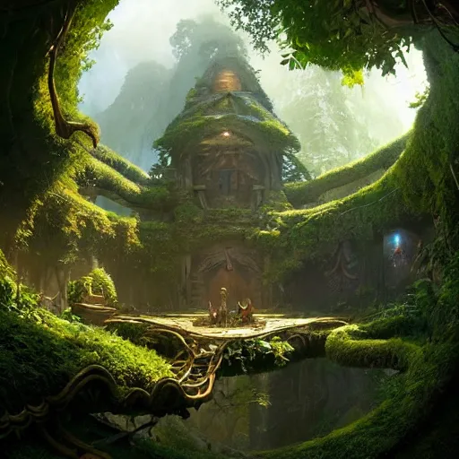 Image similar to worm's eye view of a elven headquarters carved inside a mountain above a lush garden, neat and tidy, magical, natural light, fantasy, sharp focus, concept art, by greg rutkowski and craig mullins, cozy atmospheric and cinematic lighting, trending on artstation