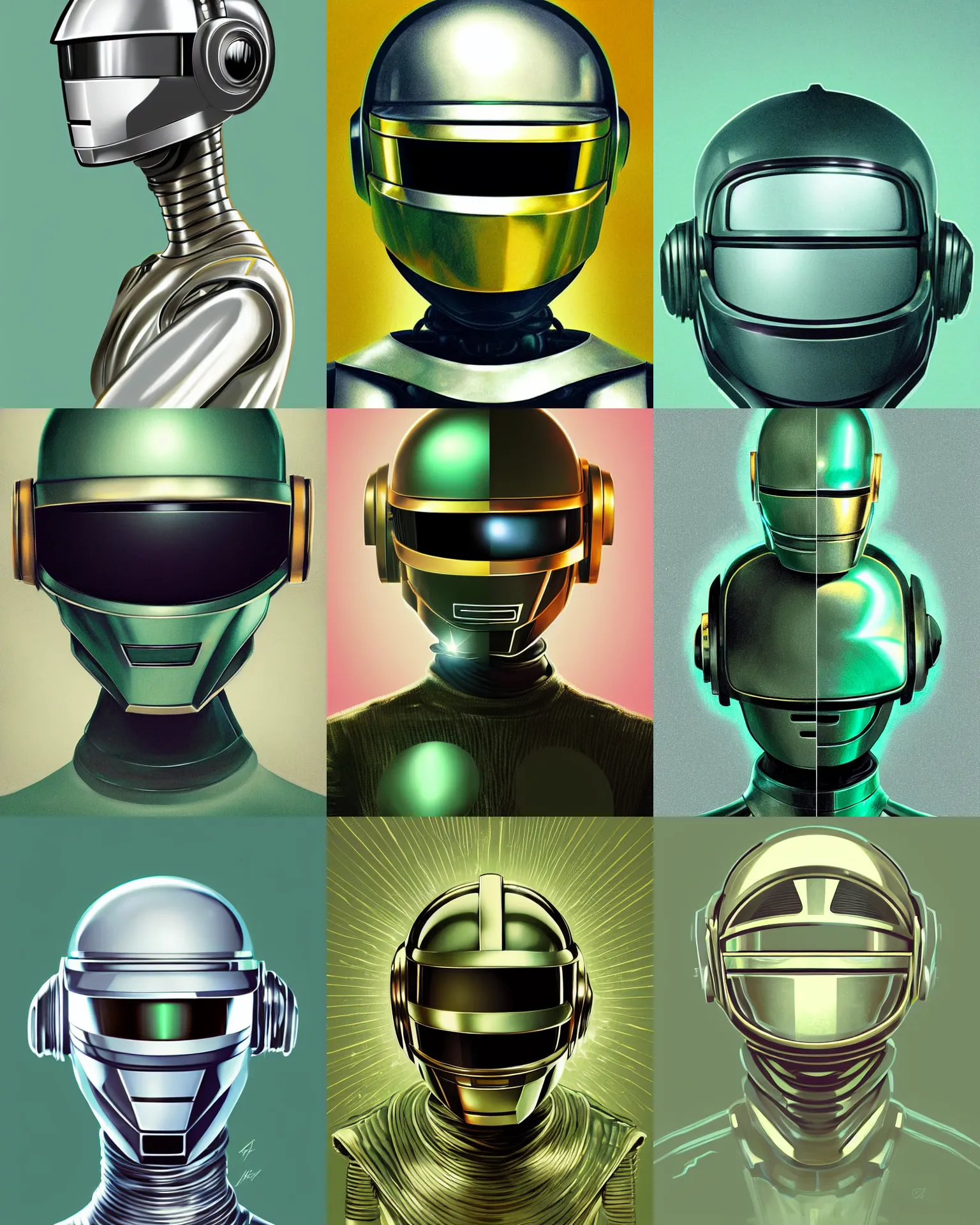 Prompt: portrait of an intricate robot, knight helmet, daft punk, soft round whimsical digital illustration, art by Artgerm, painting by Albert Edelfelt, pale green background