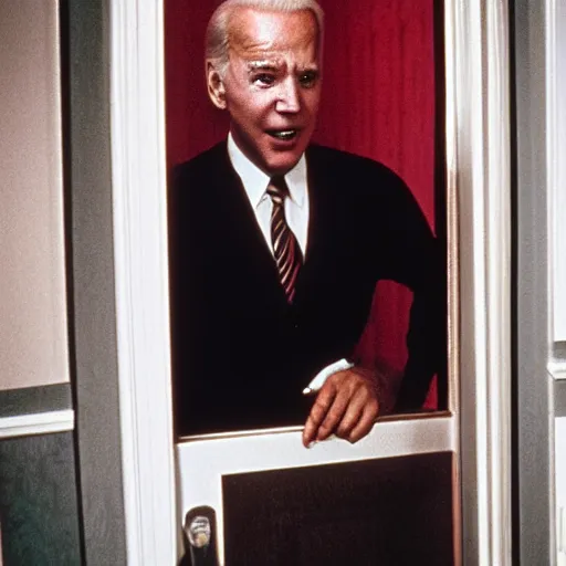 Image similar to the scene from the shining where jack shoves his face through the door but it's joe biden