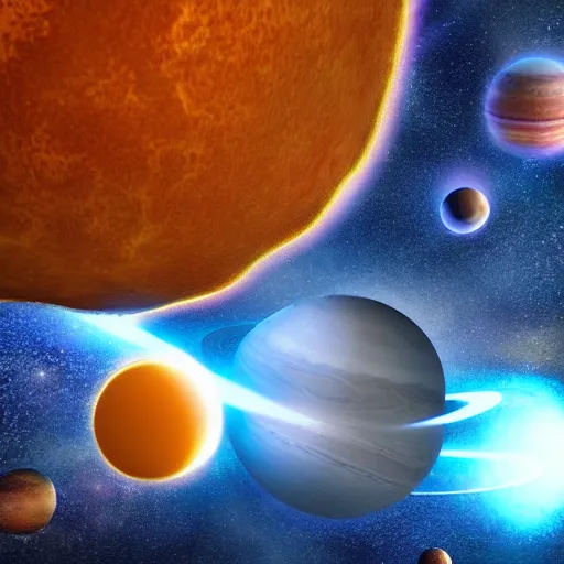 Prompt: planets orbiting a massive cheese star, sci-fi, cgi, octane
