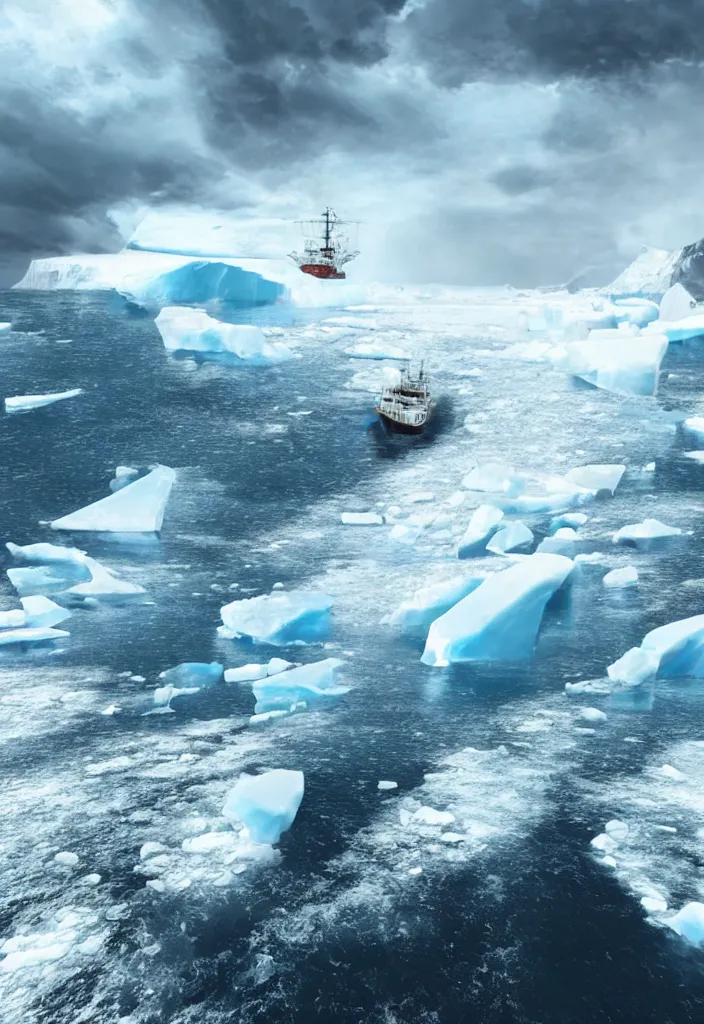 Image similar to ship being persecuted by a police ship over raging turbulent waters in antartica, icebergs in the background, hyper realistic, highly detailed, digital art, apocalyptic, intimidating lighting, raytracing, sharp focus, smooth, dramatic action scene