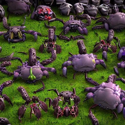 Prompt: voidless of the festival!, The Graveyard!!, large group of crabs and worms, crawling along a bed of moss, low poly, creeper world, handcrafted, artstation, hyperrealistic, hard light, best practices, creeptastic, photorealism, macro perspective, cuddly