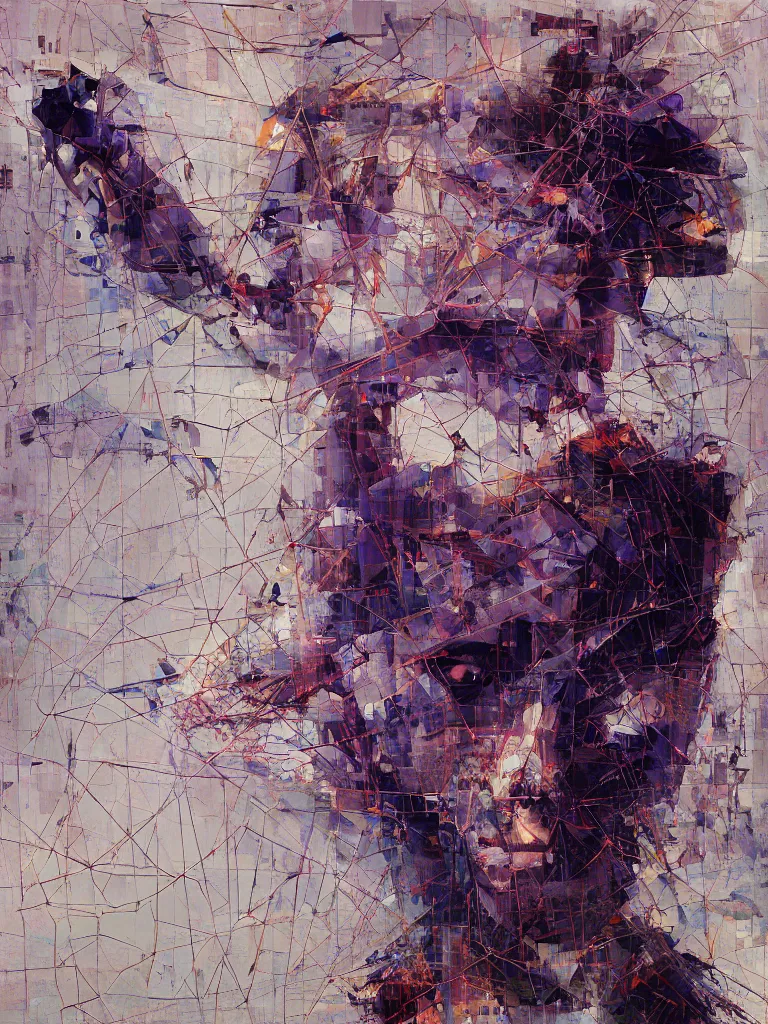 Image similar to a beautiful glitched square geometric painting by robert proch and emilio pettoruti of an anatomy study of the human nervous system on top of white rectangle shapes, color bleeding, pixel sorting, copper oxide and rust materials, brushstrokes by jeremy mann, dramatic lighting, pastel purple background