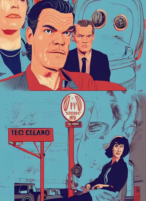 Image similar to Twin Peaks art, of Michael Shannon dressed as mechanic talking to Jennifer Connelly wearing light blue diner waitress dress, poster artwork by Tomer Hanuka, Sam Weber, Laurent Durieux, Katherine Lam, from scene from Twin Peaks, clean