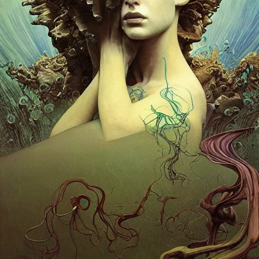 Prompt: queen of neptune by zdzisław beksinski, iris van herpen, raymond swanland, craig mullins and alphonse mucha. highly detailed, hyper - real, beautiful