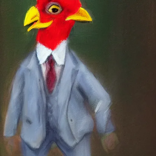 Image similar to a high quality photo of a chicken wearing a suit, Impressionism, 8k