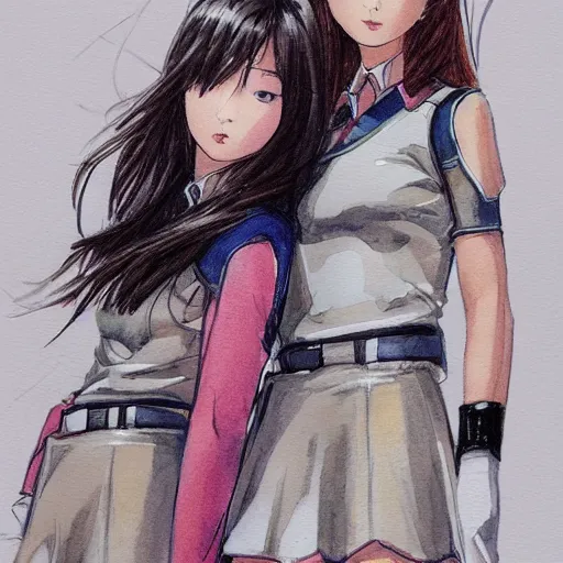 Image similar to a perfect, realistic sci-fi professional digital concept sketch of two Japanese schoolgirls posing, in style of Marvel, full length, by pen and watercolor, by a professional American senior artist on ArtStation, a high-quality hollywood-style sketch, on high-quality paper