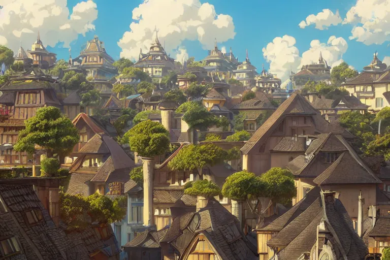 Image similar to a wholesome animation key shot of a traditional city with tiled roofs, architecture, very detailed, medium shot, studio ghibli, pixar and disney animation, sharp, rendered in unreal engine 5, anime key art by greg rutkowski, bloom, dramatic lighting, blue sky with clouds