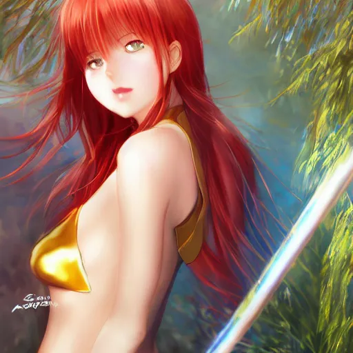 Image similar to picture : a beautiful young redhead anime girl, sky blue eyes, bikini, golden miniskirt, highly detailed, cinematic wallpaper by stanley artgerm lau