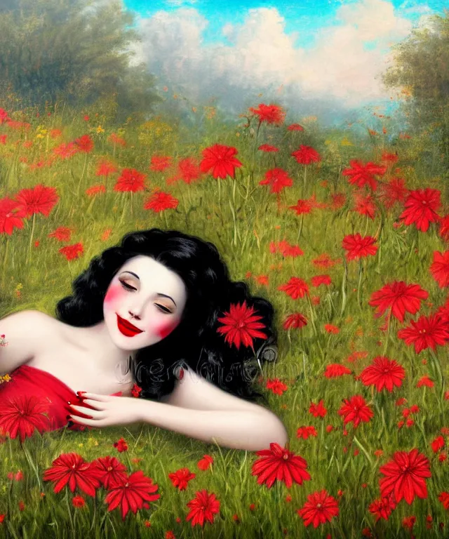 Image similar to happy girl with black hair, red lips, lying in a field of flowers, highly detailed, matte painting, french rococo painting, illustration,