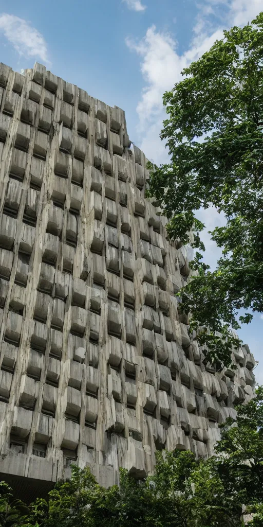 Prompt: Brutalist Building, greenery,elegant, intricate, Long Shot, Wide shot, Full Shot, 4K