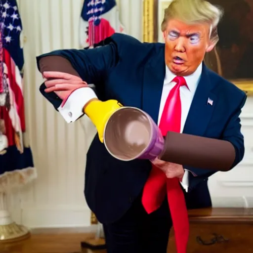 Prompt: donald j. trump spraying chocolate pudding onto liberals