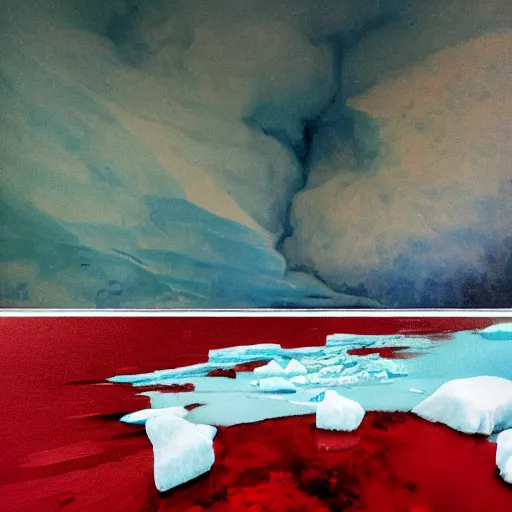 Prompt: horrific painting of an ice floe meeting magma!!!!!! in the middle, in the style of vintage photography, textured, skewed perspective, last photo ever taken, apocalyptic event, red color palette on left side and blue color palette on right side, cursed and sinister tone