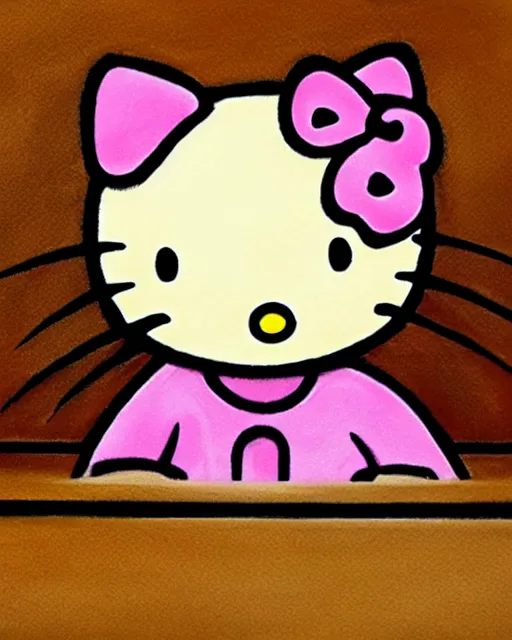 Image similar to Hello Kitty, in a courtroom, Dramatic painting