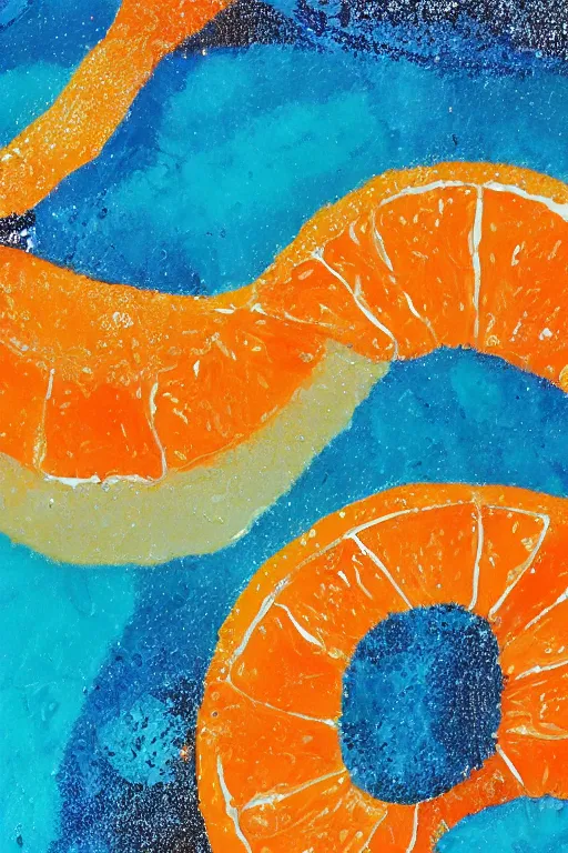 Prompt: a art work of summer ,water,wave , orange and orange slices,blue theme and Yellow accents,Colour composition by Kenya Hara