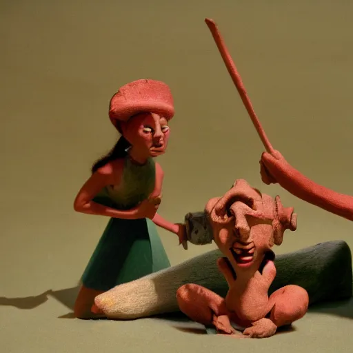 Prompt: a claymation film still of statuette / anthropomorphe / bresil / bahia / collection / fonction jeu et jouet / claymation by bruce bickford / 6 0 s