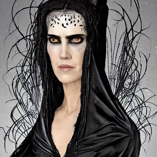 Image similar to jennifer connelly as alien odile the black swan, gray skin, wearing black hooded cloak, huge wings, black feathers instead of hair, black feathers growing out of skin, bumpy skin, screaming, losing control, black feathers growing out of face, black hands with black claws, comic book, giger, mike mignogna, david mack, trending on artstation