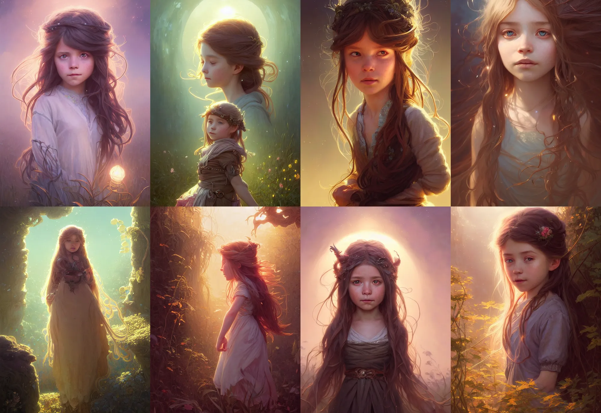 Image similar to highly detailed portrait of a little girl with long hairs, stephen bliss, unreal engine, fantasy art by greg rutkowski, loish, rhads, ferdinand knab, makoto shinkai and lois van baarle, ilya kuvshinov, rossdraws, tom bagshaw, alphonse mucha, global illumination, radiant light, detailed and intricate environment