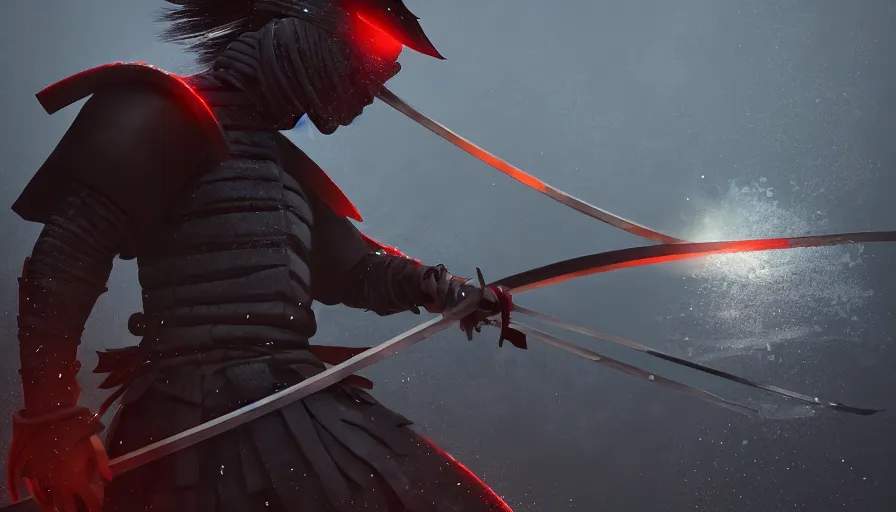 Image similar to Digital Art of A Samurai! Ninja! in Action, fighting and swords colliding, standing in a glowing lake while it rains, Concept Art, highly detailed, Artstation, 8k, Raytracing, Unreal Engine 5