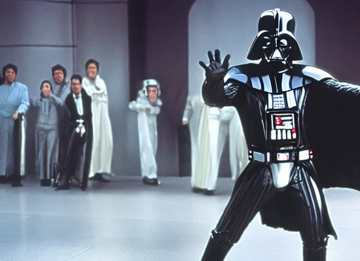 Prompt: film still of Darth Vader posing just like John Travolta on the cover of Saturday Night Fever, 4k