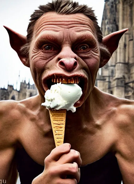 Image similar to closeup portrait of a medieval goblin eating icecream, depth of field, zeiss lens, detailed, symmetrical, centered, fashion photoshoot, by Annie Leibovitz and Steve McCurry, David Lazar, Jimmy Nelsson, Breathtaking, 8k resolution, extremely detailed, beautiful, establishing shot, artistic, hyperrealistic, beautiful face, octane render