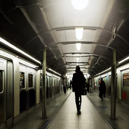 Image similar to a cyberpunk walking on a modern subway platform with a heavenly glow and chandeliers