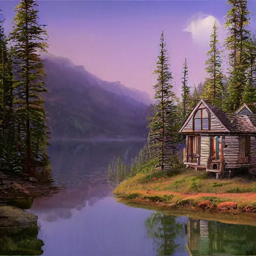 Prompt: small robot cottage at the edge of a lake in the mountains, painterly painting by gurney and beeple, soft glowing windows, early evening, reflections, pine trees, detailed, outlined