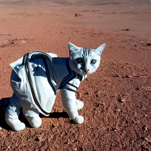 Image similar to cat wearing a spacesuit while walking on martian soil