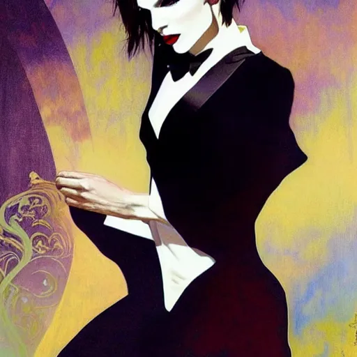 Image similar to stunning portrait of androgynous ruby rose as desire from sandman in a white tuxedo!!!, rockabilly style, by frank moth, by alphonse mucha, by jeremy mann, by peter lindbergh, dave mckean, white suit and black tie, soft lightning, high detailed, 8 k