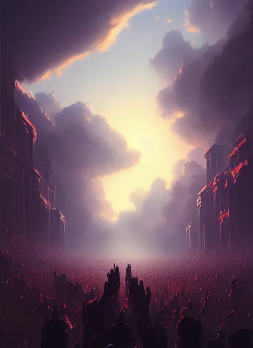 Image similar to painting of a crowd with raised arms pointing toward, cinematic view, epic sky, detailed, concept art, low angle, high detail, warm lighting, volumetric, godrays, vivid, beautiful, trending on artstation, by jordan grimmer, huge scene, art greg rutkowski