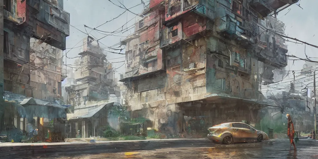Prompt: wet, stylized, exterior, architecture, in watercolor gouache detailed paintings, raytracing, arcane, insanely detail, artstation, 8 k, futuristic, big medium small, simon stalenhag, props, furniture and decor, octane render, cinematic, screenshot, james gurney, ruan jia, comic style