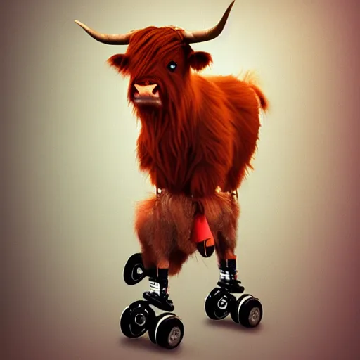 Prompt: a highland cow wearing roller skates, concept art, artstation, cinematic