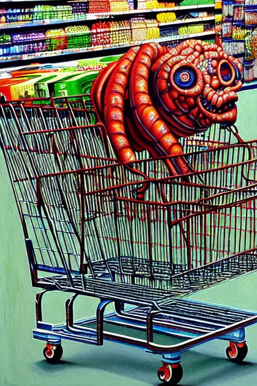 Image similar to a hyperrealistic detailed painting of a creature made of shopping carts at the super market by chris cunningham and richard corben, highly detailed, vivid color,