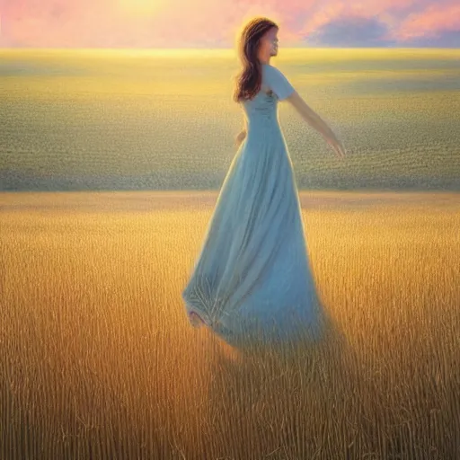 Image similar to close-up shot, a beautiful painting of a girl in a airy semi-transparent thin light dress standing in the glowing wheat fields, mystical setting, afternoon sun, long shadows, photo from the back, by Mark Ryden, artgerm, Bekzinski, WLOP, Felix Kelly and Ross Tran, trending on artstation