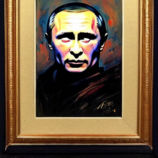 Prompt: frazetta portrait painting of vladimir putin , nighttime ,daytime , backlight , detailed visible brushmarks