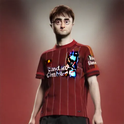 Image similar to portrait of harry potter, daniel radcliffe, wearing a liverpool jersey, highly detailed, masterpiece painting, hr gigor, raphael, 4 k, octane render,