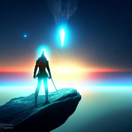 Image similar to sword standing on a glowing rock, distant planet in background, fog, glow, sharp, 4 k, lens flare, highly detailed digital art, trending on artstation