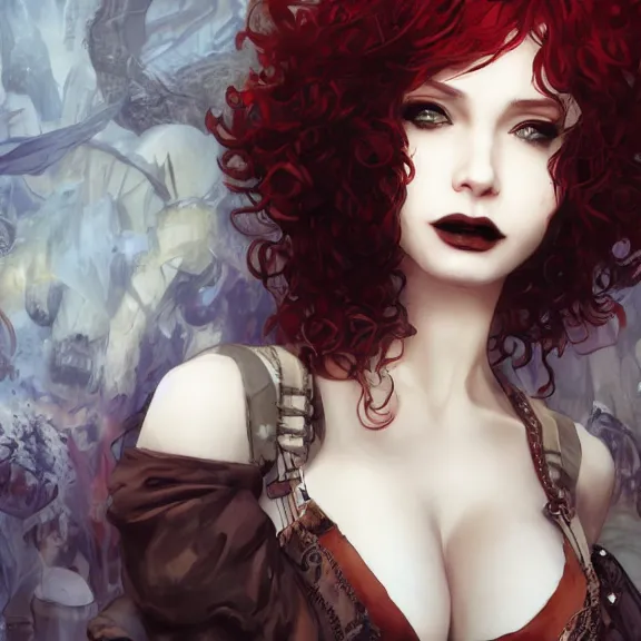 Image similar to christina hendricks!!!!! goth!!!!!, tankoban, 4 k, tone mapping, akihiko yoshida, james jean andrei riabovitchev marc simonetti, yoshitaka amano, long hair, curly, h. hydrochaeri