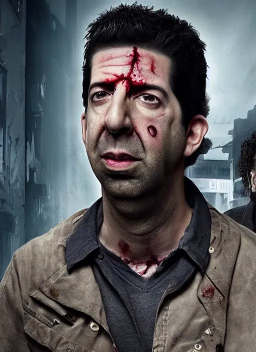 Image similar to david schwimmer becomes a zombie, face enhance, realistic, shaun of the dead, izombie, ultra detailed, octane render, lovecraftian, horror, dead space, the walking dead