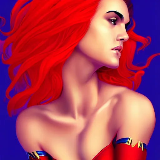 Prompt: a stunning upper body portrait of a beautiful woman, her hair is red hot fire, by marvel comics, digital art, trending on artstation
