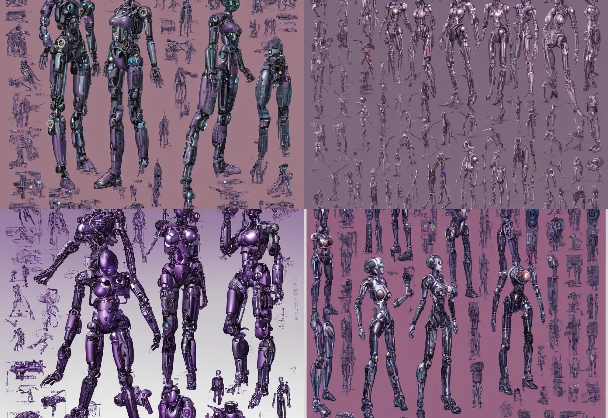 Prompt: female cyborg robot, realistic, proportional, great composition, proportions like human body, character sheet, turnaround, whole body, whole figure, character design, violet colors, cyberpunk by yoichi hatakenaka, masamune shirow, josan gonzales and dan mumford