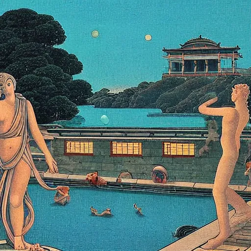 Prompt: a beautiful ancient bathhouse with bathing alien creatures surrounded by greek statues at sunset by hasui kawase